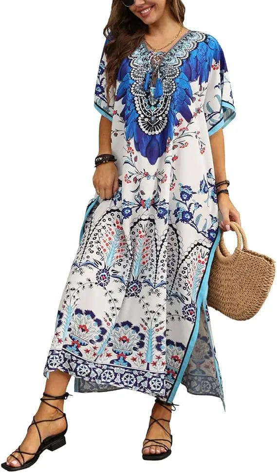 Bsubseach Robe Caftan de Plage Décontractée à Manches Courtes