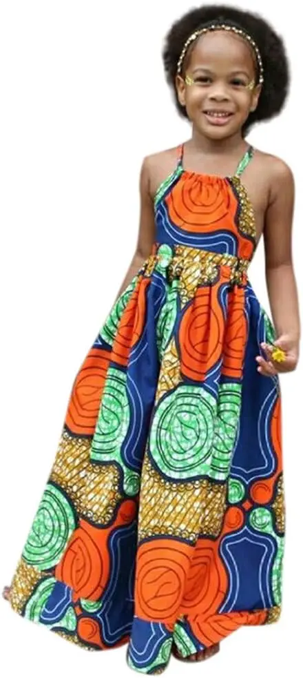 Générique Robes Fille Ete Africaine sans Manche Bébé Sling Style Bohémien Impression Robe Ébouriffer Épaule sans Bretelles Jupe de Plage Voyage Ceremonie Enfant Robe de Soiree Robe Princesse Fille