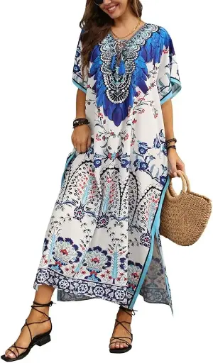Bsubseach Robe Caftan de Plage Décontractée à Manches Courtes