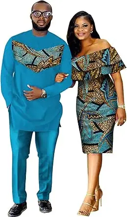 stdpcxz Tenue Africaine Dashiki Couple Vêtements Pour Soirée De Mariage, Vêtements À La Mode Robe Maxi Femme Imprimé Wax Hommes Chemise Et Pantalon Ensemble