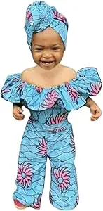 Ensemble Bebe Fille Combinaison barboteuse africaine Dashiki pour bébés filles à épaules dénudées + bandeau